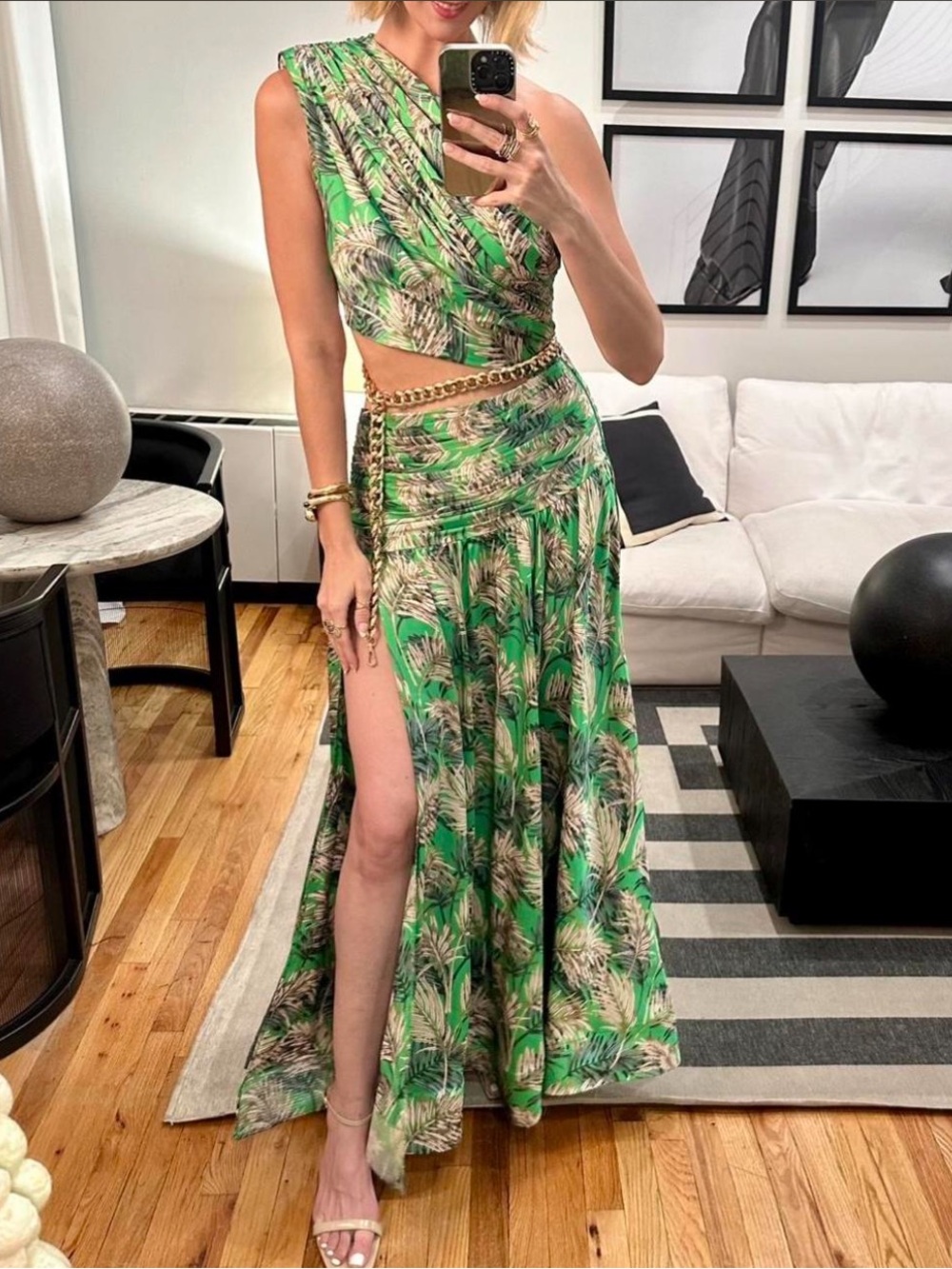 Bronx and Banco Green Palm-Print Cutout Maxi Dress